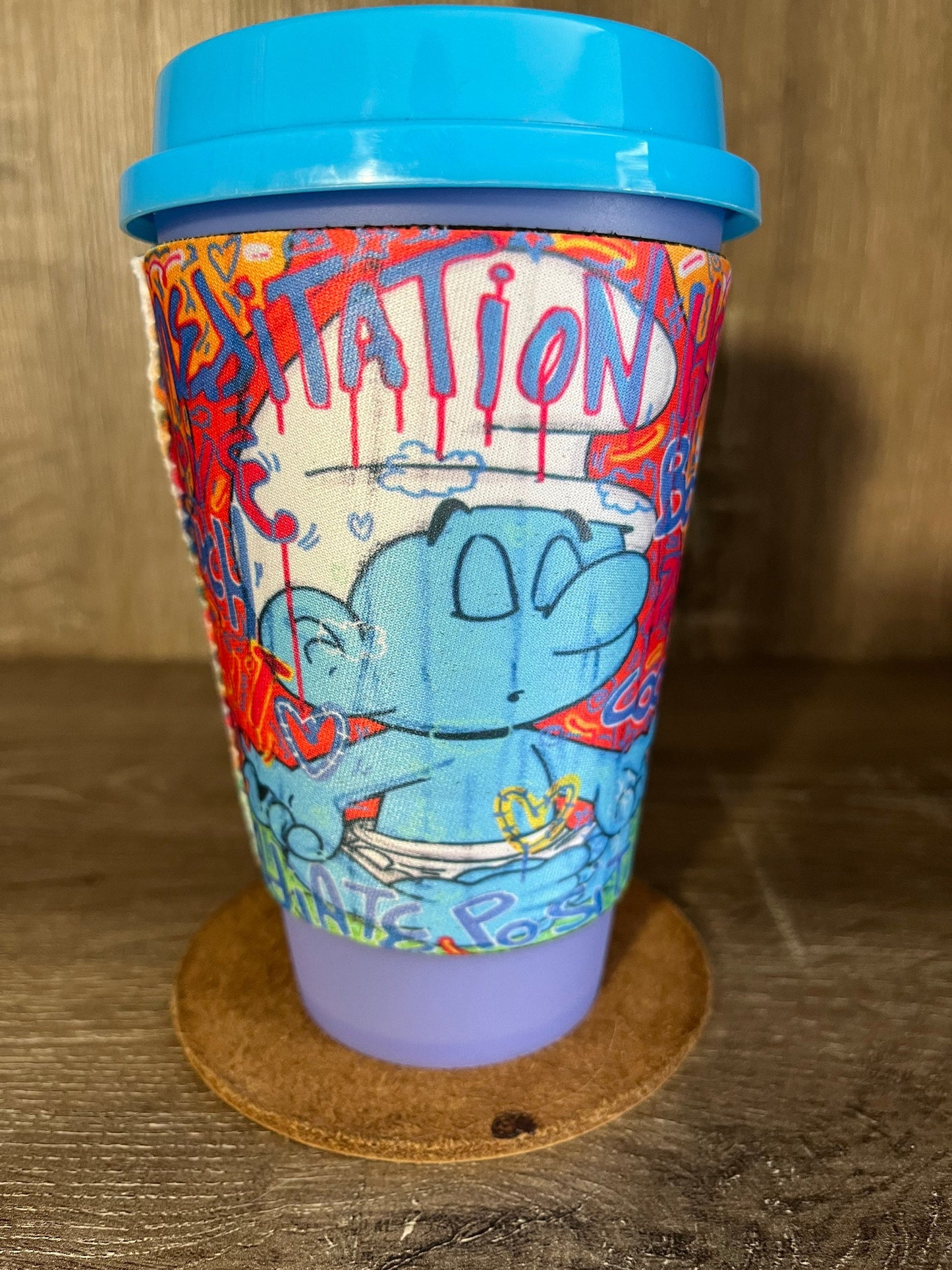 Meditation Smurf cartoon design cup sleeve with Color changing 16oz plastic tumbler