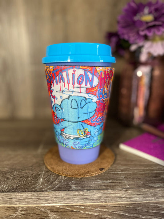 Meditation Smurf cartoon design cup sleeve with Color changing 16oz plastic tumbler