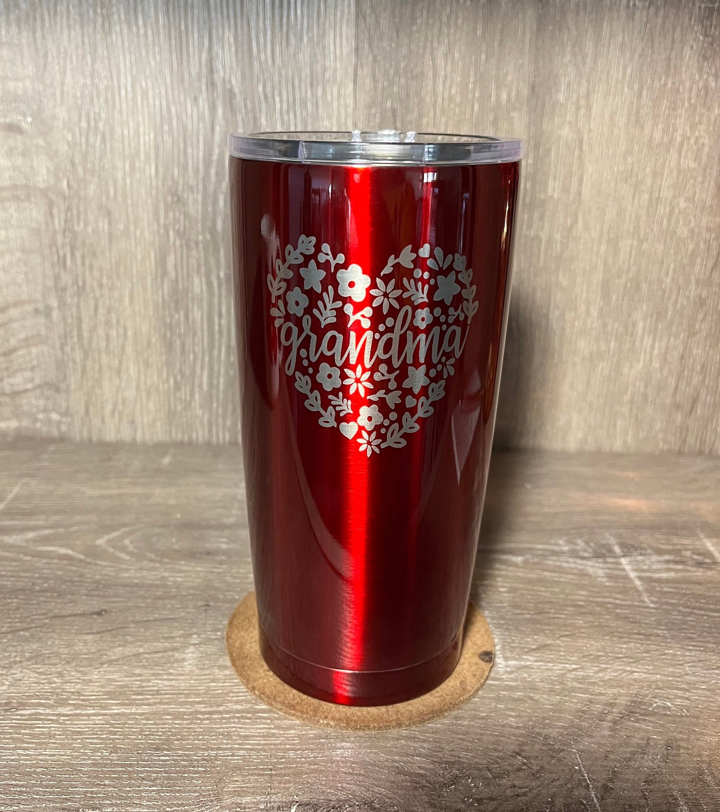 Metalic Red Stainless Steel Tumbler, engraved Grandma in heart