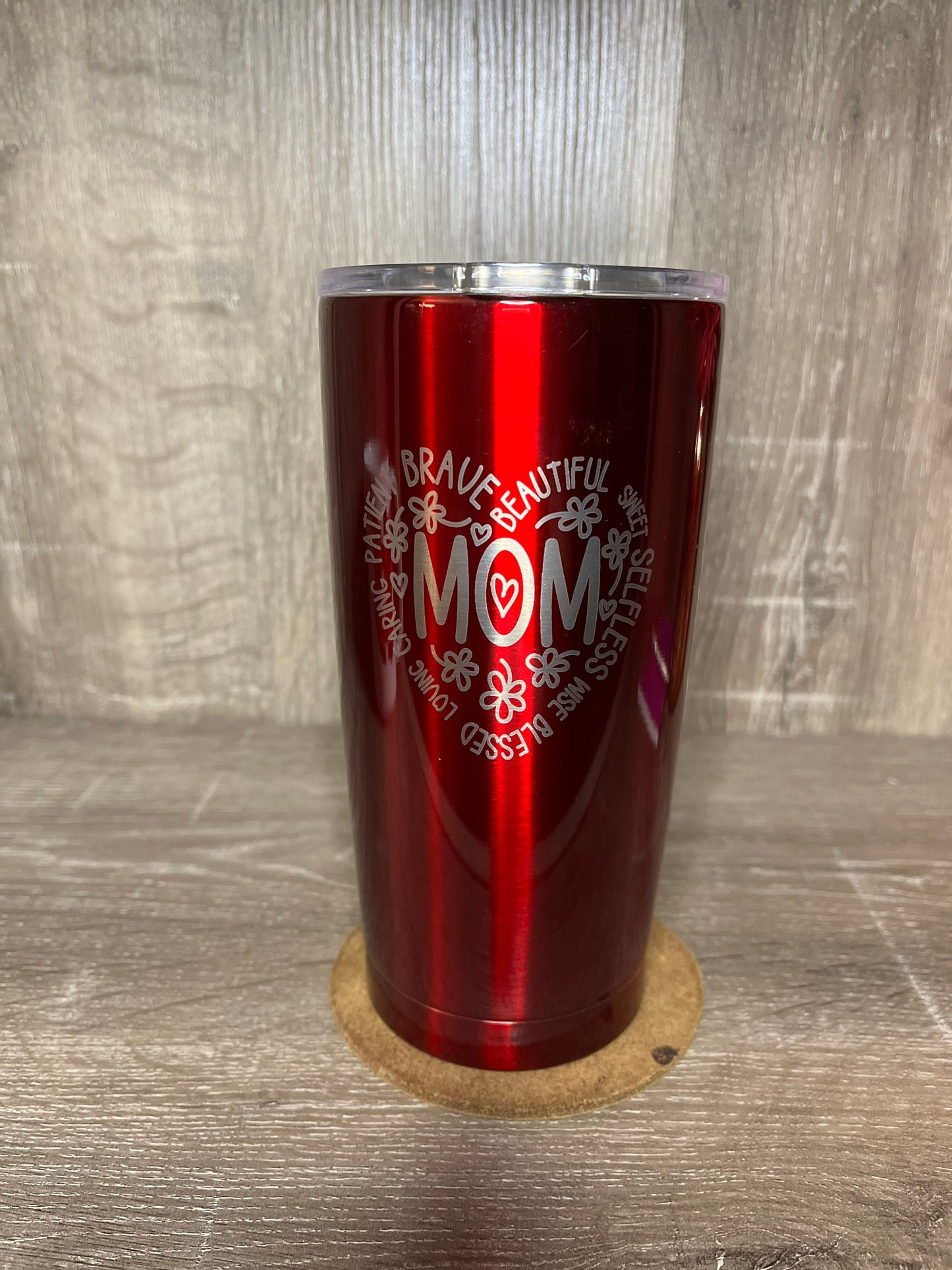 Red stainless Steel 18.5oz coffee tumbler with engraved Mom in heart