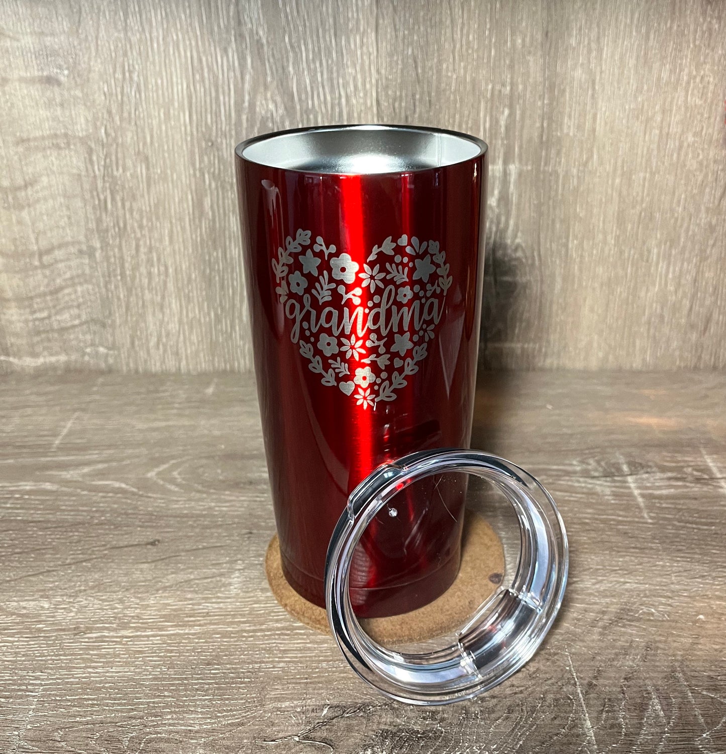 Metalic Red Stainless Steel Tumbler, engraved Grandma in heart