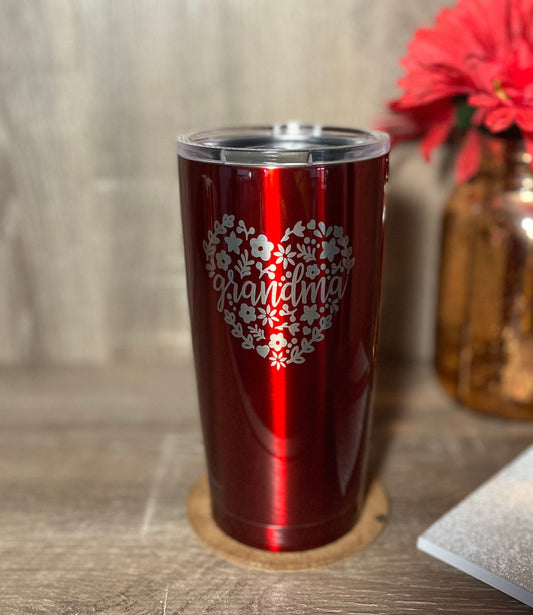 Metalic Red Stainless Steel Tumbler, engraved Grandma in heart