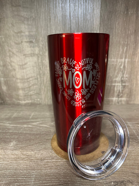 Red stainless Steel 18.5oz coffee tumbler with engraved Mom in heart